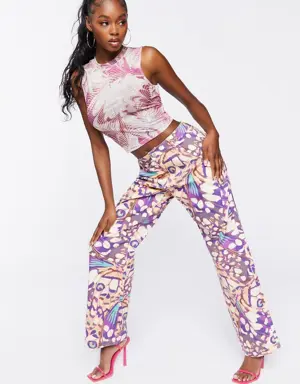 Forever 21 Abstract Butterfly Twill Pants Purple/Taupe