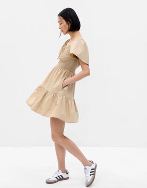 Flutter Sleeve Smocked Mini Dress beige