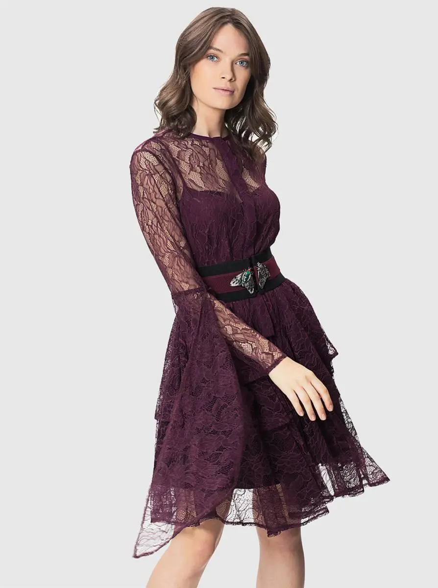 Roman Burgundy Lace Flare Sleeve Tunic - 4. 1