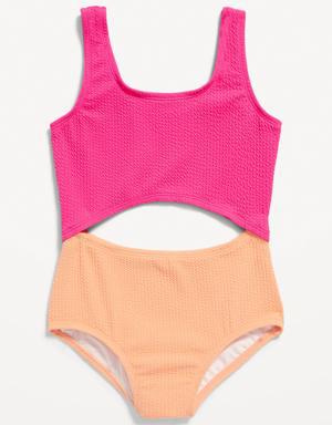Color-Block Cutout One-Piece Swimsuit for Girls pink
