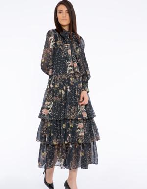 Floral Patterned Long Chiffon Dress With Bow
