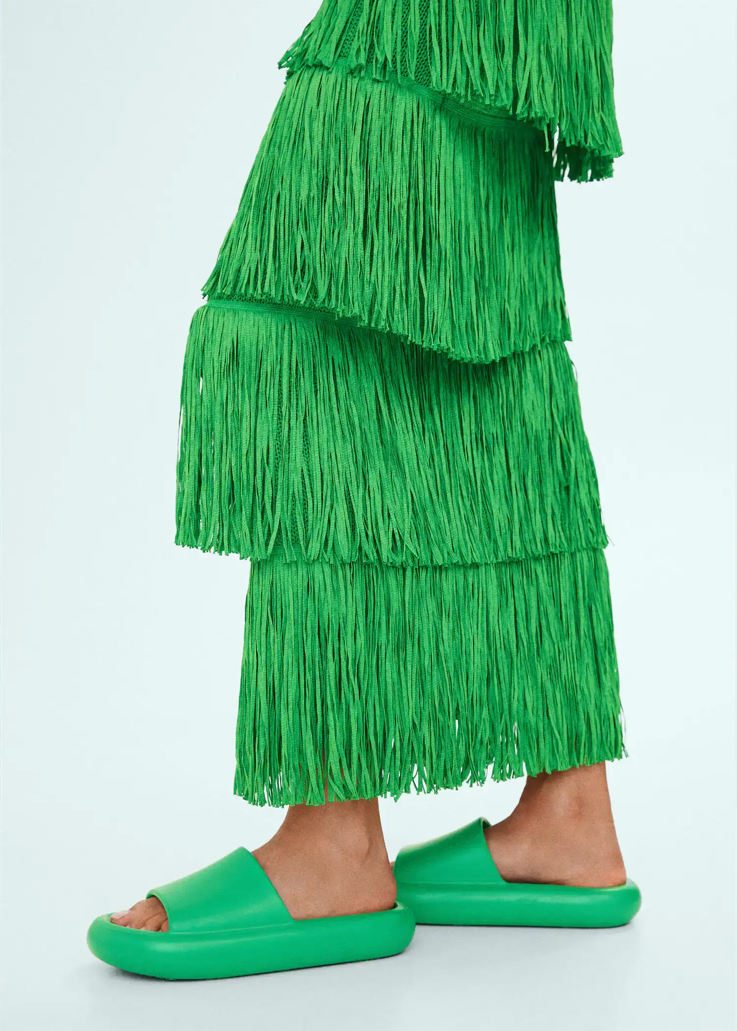Mango Platform sandals. a person wearing green shoes and a green dress 
