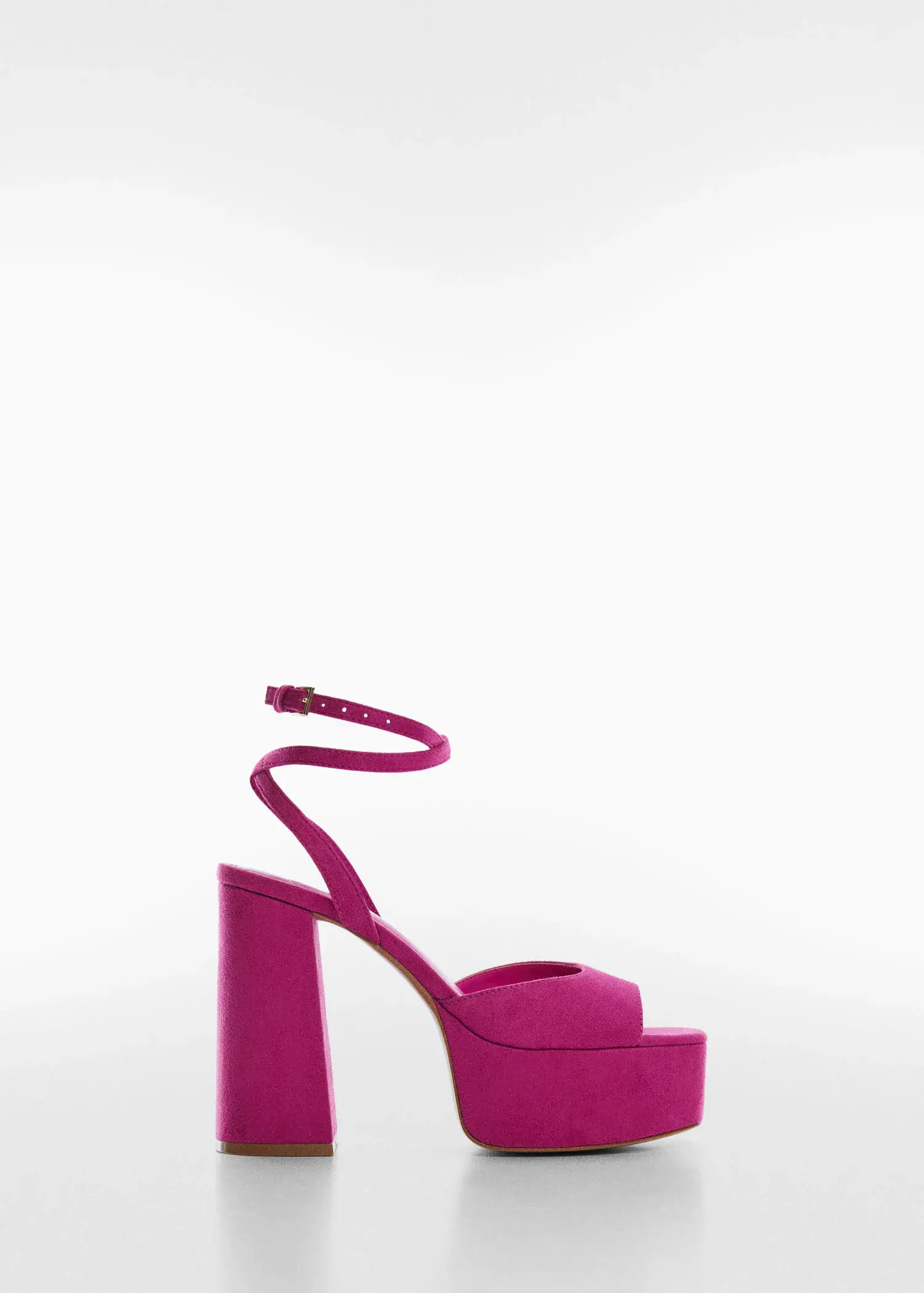 Mango Platform ankle-cuff sandals. a pair of pink high heel shoes on a white background. 