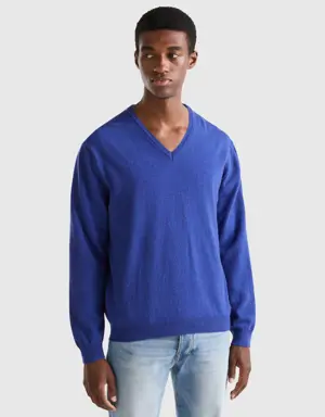 blue v-neck sweater in pure merino wool