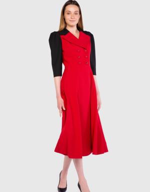 Contrast Colored Embroidered Detailed Midi Red Dress