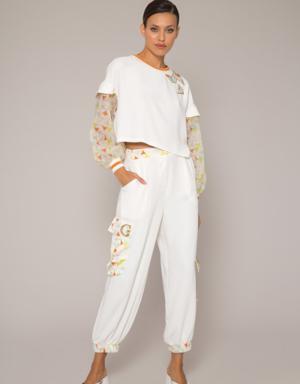 Embroidery And Patterned Sleeve Detail Ecru Crop Top