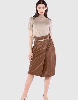 Belt Detailed Midi Length Leather Tan Skirt