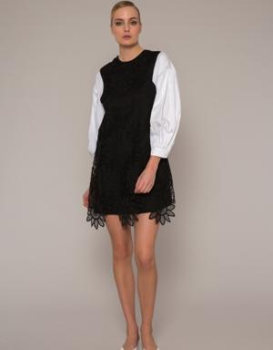 Black and White Poplin Mini Dress with Lace Garnish