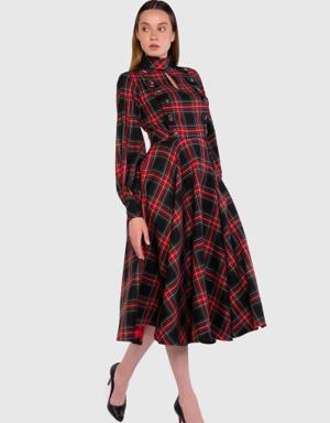 Button Detailed Ankle Length Plaid Red Dress