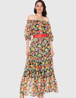 Floral Patterned Long Dress With Off Shoulder Belt