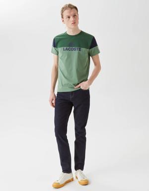 Erkek Slim Fit Bisiklet Yaka Renk Bloklu Yeşil T-Shirt