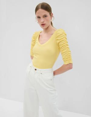 Featherweight Ruched Sleeve Rib Top yellow