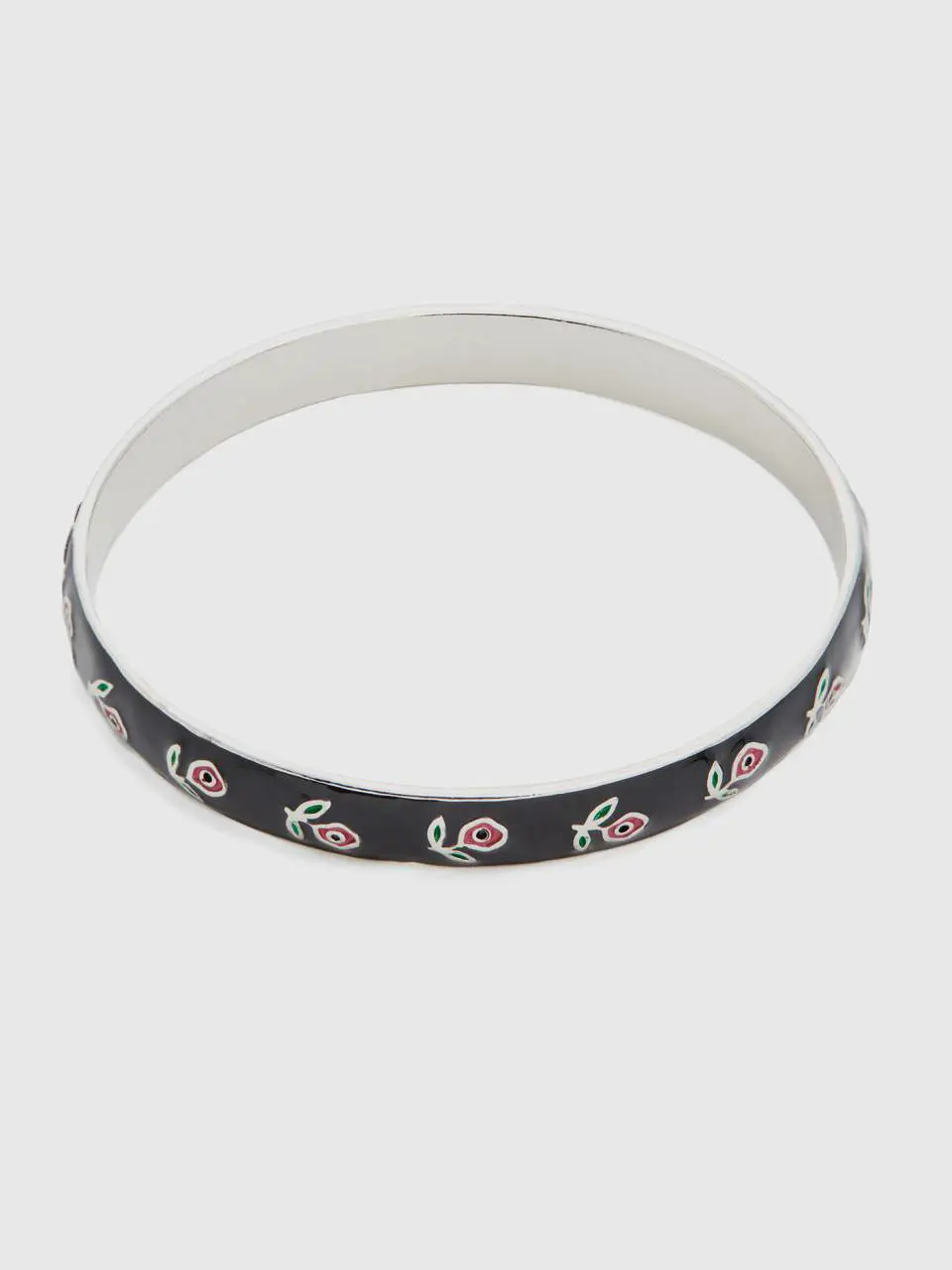 Benetton black bangle bracelet with pink flowers. 1