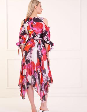 Off-the-Shoulder Patterned Chiffon Pleated Midi Red Dress
