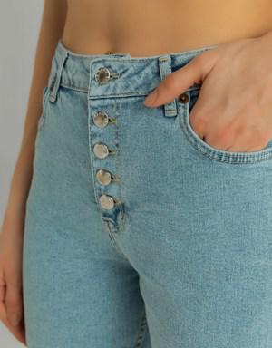 Düğmeli Straight Denim - MAVİ