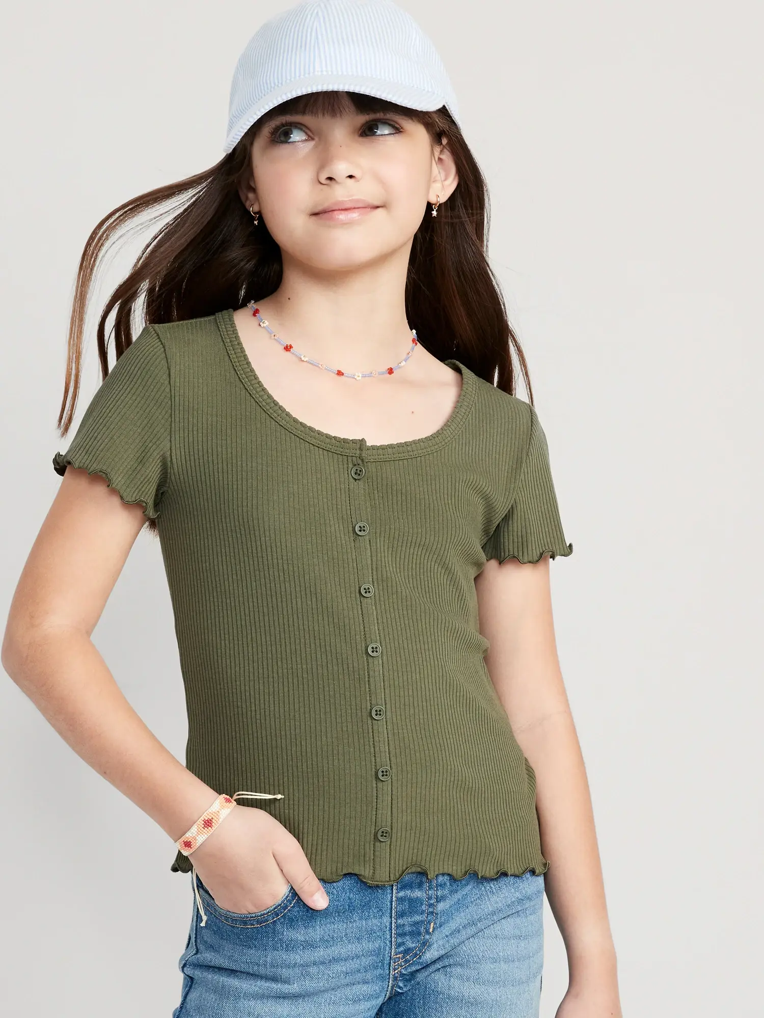 Old Navy Rib-Knit Button-Front Lettuce-Edge Top for Girls green. 1