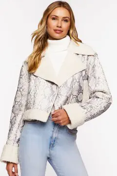 Forever 21 Forever 21 Snakeskin Print Moto Jacket Ivory. 2