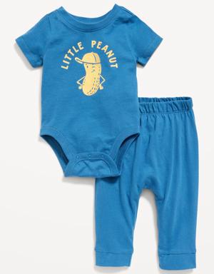 Unisex Short-Sleeve Bodysuit & U-Shaped Pull-On Pants Set for Baby blue
