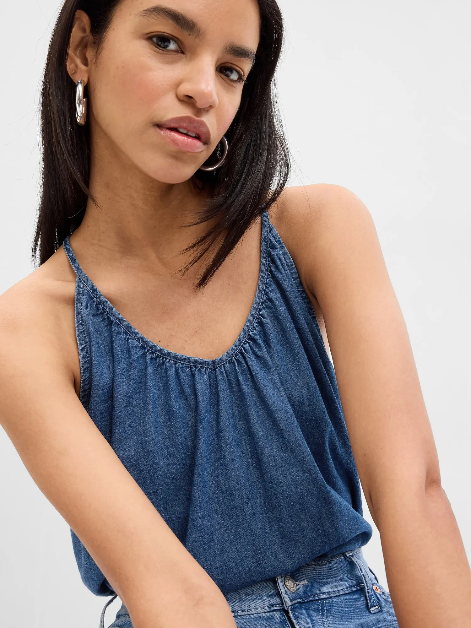 Gap 100% Organic Cotton Denim Halter Tank Top with Washwell blue. 1