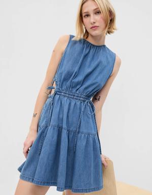 Denim Side-Tie Cutout Mini Dress with Washwell blue