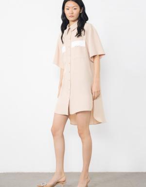 Beige Shirt Dress With Pleated Detail Embroidered Pockets