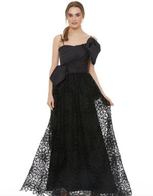 One Part Lace Long Black Dress With Tie Front Bow Tie