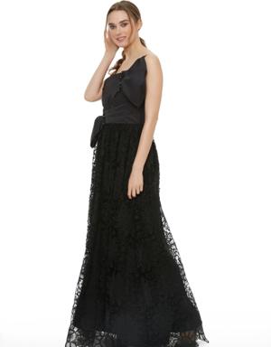 One Part Lace Long Black Dress With Tie Front Bow Tie