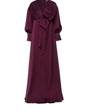 Bow Detailed V Neck Flowy Long Purple Evening Dress