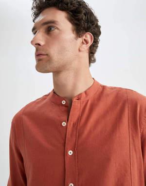 Modern Fit Dik Yaka Uzun Kollu Keten Karışımlı Gömlek
