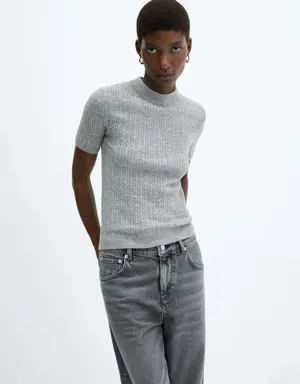 Short-sleeved braided wool sweater