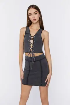 Forever 21 Forever 21 Lace Up Crop Top &amp; Mini Skirt Set Charcoal. 2