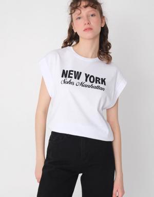 Bisiklet Yaka New York Baskılı T-shirt