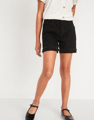 High-Waisted Black-Wash Frayed-Hem Jean Midi Shorts for Girls