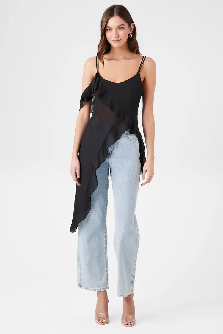 Forever 21 Forever 21 Sheer Asymmetrical Flounce Cami Black. 1