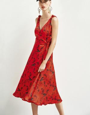 Kırmızı V Yaka Desenli Midi Anvelop Elbise