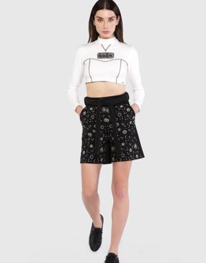 Embroidery Patterned High Waist Black Shorts