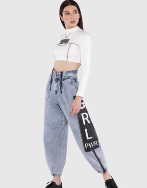High Waist Stone Embroidered Jean Blue Trousers
