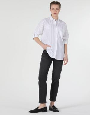 Regular Fit Shirt Neck Çizgili Beyaz Kadın Uzun Kol Gömlek
