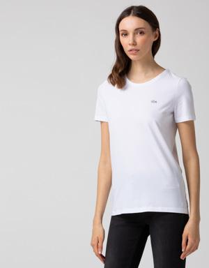 Kadın Slim Fit Bisiklet Yaka Beyaz T-Shirt