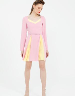 Pink Mini Dress With Slits With Contrasting Neckline Detail