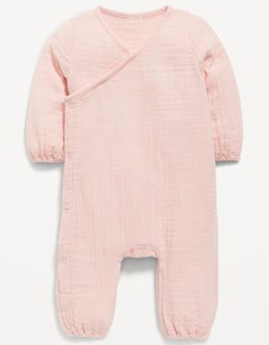 Unisex Long-Sleeve Double-Weave Wrap-Front One-Piece for Baby pink