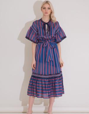 Embroidered Stripe Detailed Transparent Striped Blue Skirt