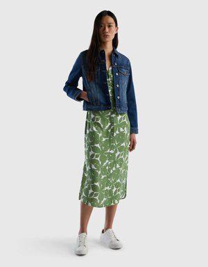 Kadın Yeşil Mix %100 Viskoz Uzun Kollu Çiçek Desenli Elbise