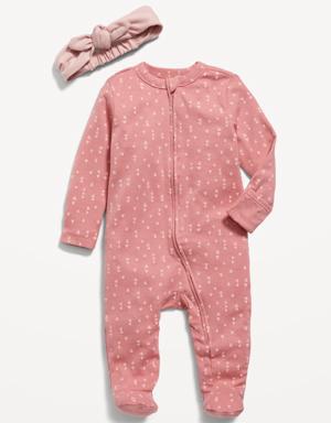 Unisex Printed Sleep & Play 1-Way-Zip Footed One-Piece & Headband Set for Baby pink