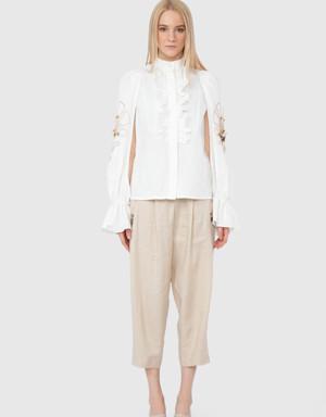 Embroidery Embroidery And Ruffle Detailed Linen Ecru Blouse