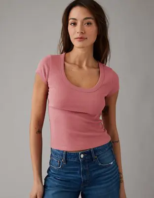 American Eagle Hey Baby Short-Sleeve Scoop Ribbed Tee. 1