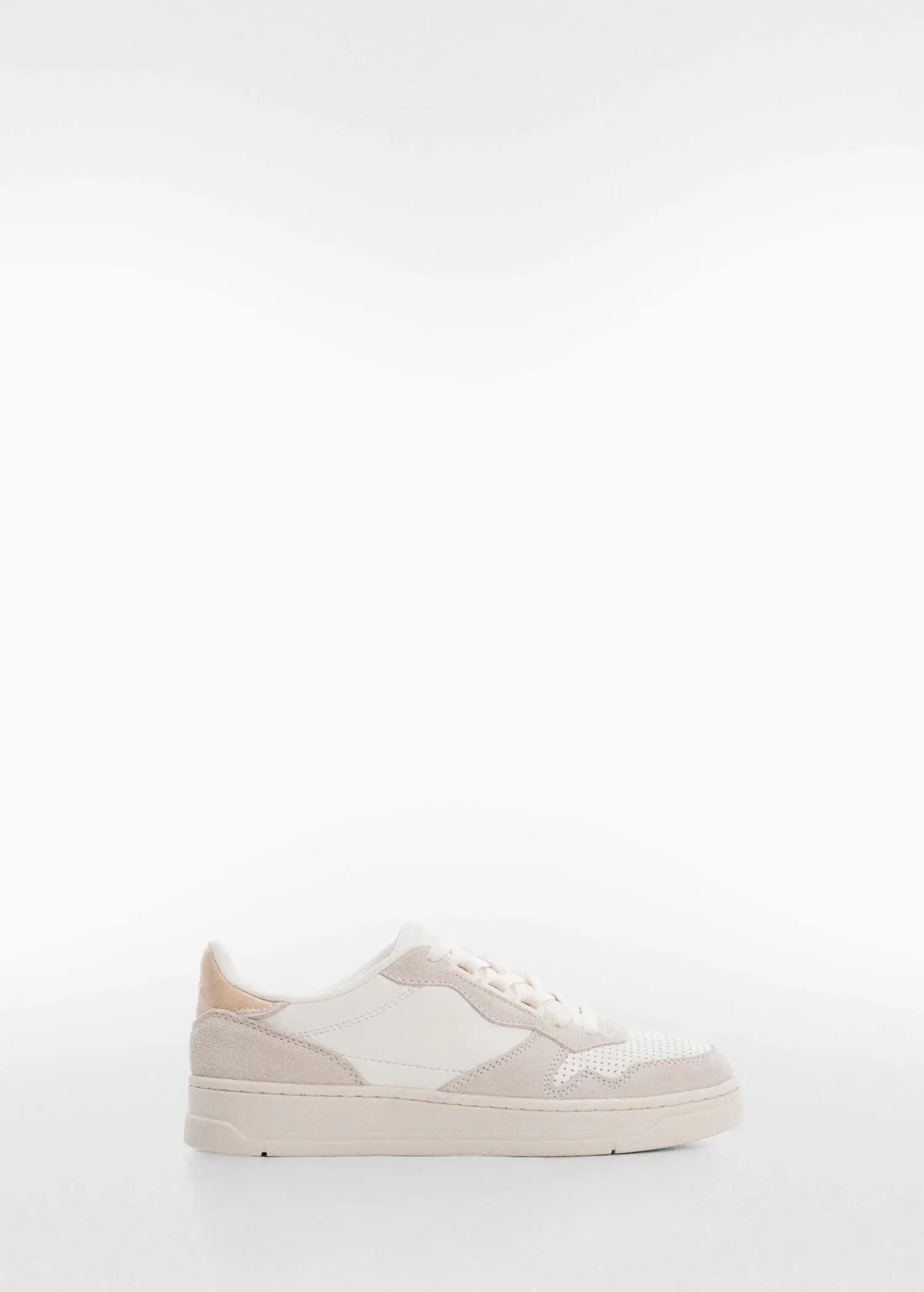 Mango Panels leather sneakers. a pair of white sneakers sitting on top of a white surface. 