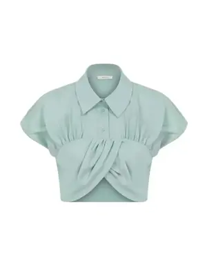 Mint Collared Pleated Cropped Blouse - 4 / Mint