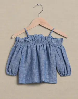 Bria Linen Off-Shoulder Top for Baby + Toddler blue