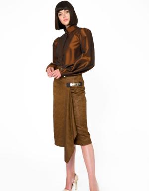 Buckle Detailed Asymmetric Cut Shiny Cinnamon Color Pencil Skirt